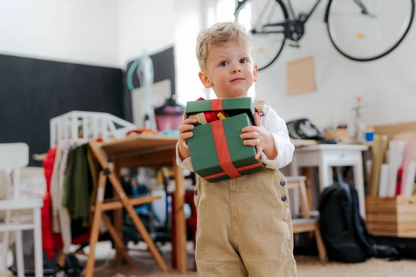 Förvånad Att Lille Pojken Får Present Glad Barn Hålla Och — Stockfoto
