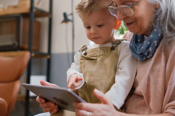 Grootmoeder Leert Met Haar Kleinzoon Een Digitale Tablet Jonge Kind — Stockfoto