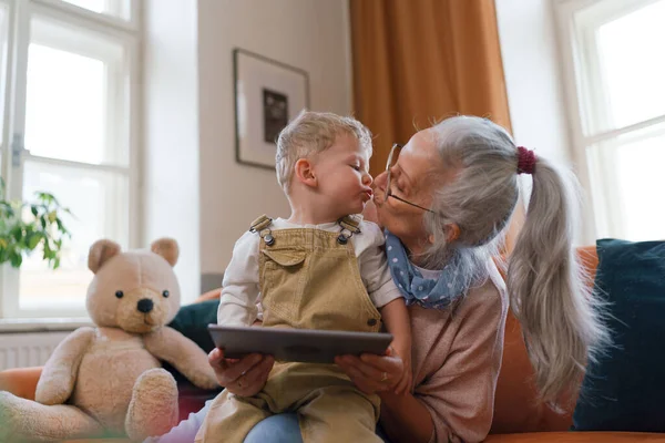 Бабуся Цілує Свого Онука Онук Дарує Поцілунок Бабусі — стокове фото