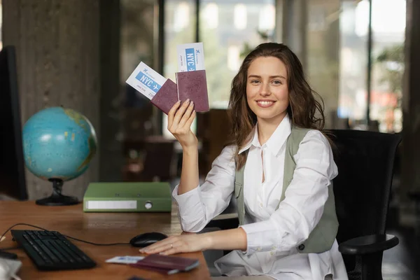 Portrait Young Woman Holding Plane Tickets — Stock Photo, Image
