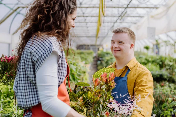 Uma Florista Experiente Ajudando Jovem Funcionário Com Síndrome Centro Jardim — Fotografia de Stock