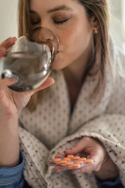 Close Young Woman Taking Medicines — Stock Photo, Image