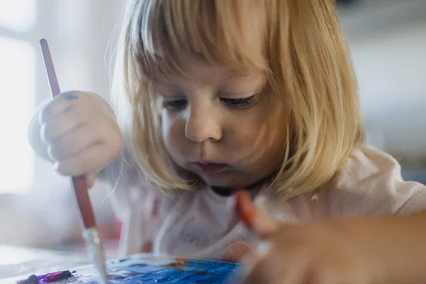 Cute Little Girl Painting Tempera Paint Home Using Paintbrush — Stock Photo, Image
