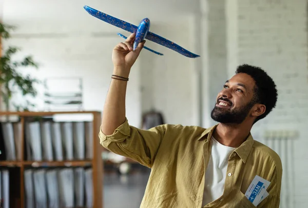 Young Happy Man Holding Model Plane Office — Stock Photo, Image
