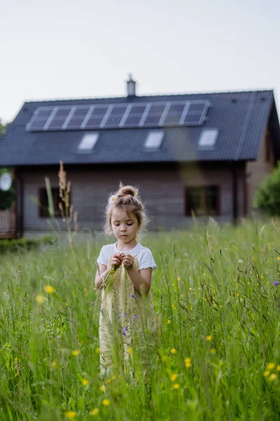 Aile Evinin Önünde Güneş Panelleri Olan Küçük Bir Kızın Portresi — Stok fotoğraf