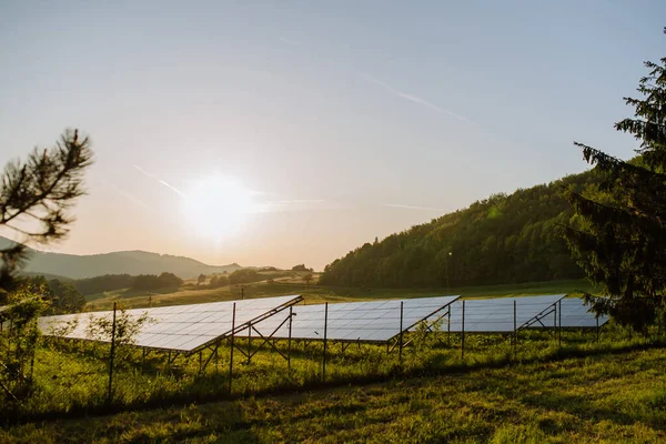 Nahaufnahme Von Solarkraftwerk Auf Der Wiese — Stockfoto