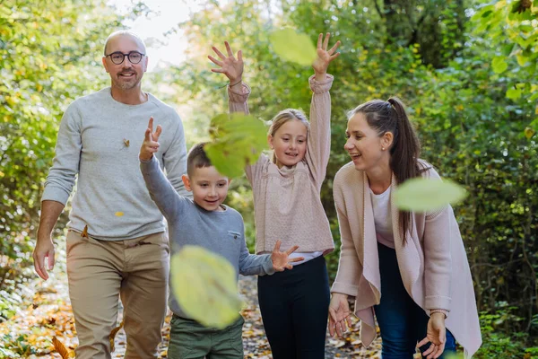 Szczęśliwa Rodzina Bawiąca Się Liśćmi Jesiennym Lesie — Zdjęcie stockowe