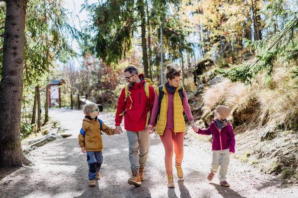 Portrait of happy family hiking together in an autumn mountains. Hiking with young children, on kids friendly trail.