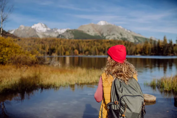 Pandangan Belakang Wanita Berdiri Tepi Danau Pegunungan Turis Wanita Menikmati — Stok Foto