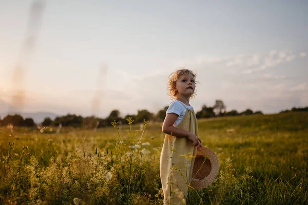 Widok Boku Uroczej Dziewczynki Słomkowym Kapeluszu Stojącej Środku Letniej Łąki — Zdjęcie stockowe