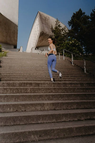 Portrait Sporty Woman Running Concrete Stairs City Park Female Athlete — Stock Photo, Image