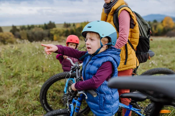 Portrait Little Boy Preparing Bicycle Ride Nature Cute Boy Pointing — Stock Photo, Image