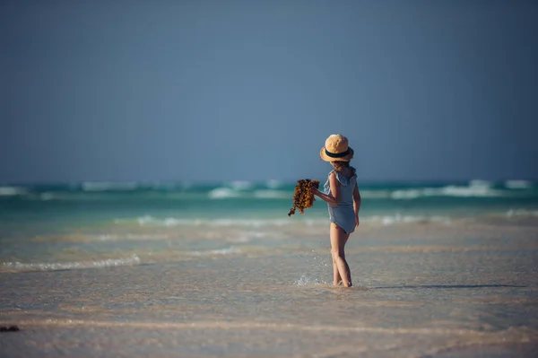 Vista Trasera Una Niña Caminando Por Playa Con Algas Mano — Foto de Stock