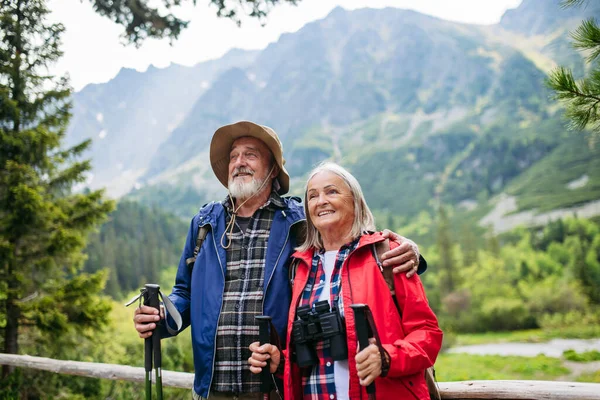 Active elderly couple hiking together in autumn mountains, on senior friendly trail. Senior spouses on the vacation in the mountains celebrating anniversary. Senior tourists with backpacks using