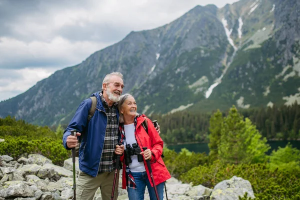 提起一对活跃的老夫妇在秋天的山上一起远足的镜头 走在老年人友好的小径上 丈夫和妻子在远足时休息 享受大自然 使用背包的资深游客 — 图库照片