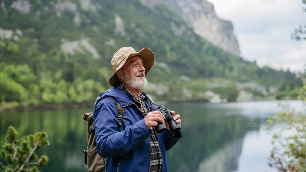 Potrait Active Senior Man Hiking Fall Mountains Senior Friendly Trail — Stok Foto