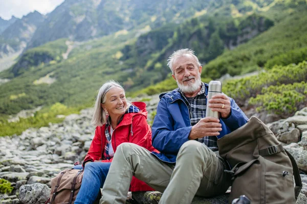 Active elderly couple hiking together in autumn mountains, on senior friendly trail. Husband and wife rehydrating, enjoying warm tea, coffee from thermos. Senior tourist with backpack getting rest
