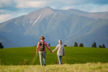 Yaşlı çift çayırın ortasında duruyor ve sonbahar doğasında romantik bir an yaşıyorlar. Huzurlu manzaraya bakan yaşlı eşler, High Tatras 'ın güzel manzarasının tadını çıkarıyorlar. Minimalist