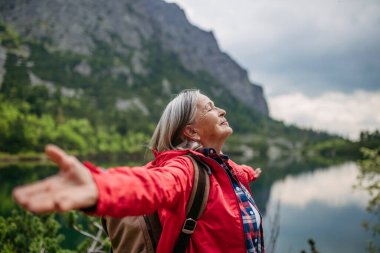 Elleri havada, mutlu, yaşlı bir kadının belini kaldır. Kıdemli turist, sonbahar dağlarında yürüyüş yaptıktan sonra tatmin olur..