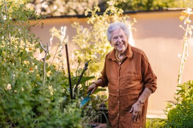 Şehirdeki şehir bahçesinde sebze yetiştiren yaşlı bir kadının portresi. Yaşlı bir kadın toprak kazıyor, apartmanının bahçesindeki yabani otları yoluyor. Huzurevi sakinleri