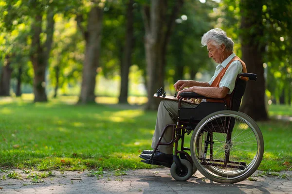 Senior Man Wheelchair Alone City Park Feeling Lonely Man Has — Stock Photo, Image
