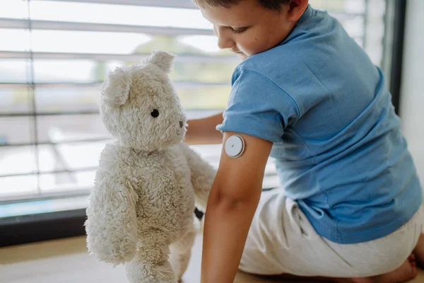Diabetic Boy Continuous Glucose Monitor Sitting Window Showing His Stuffed — Stock Photo, Image