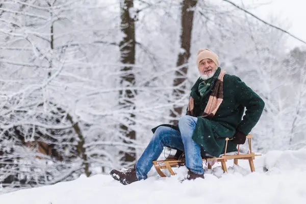 Senior Man Having Fun Cold Winter Day Sledding Hill Elderly — Stock Photo, Image