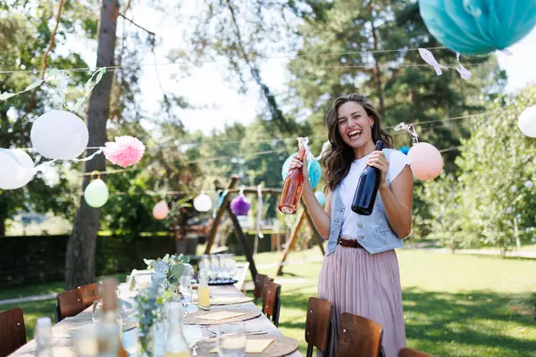 Young Beautiful Woman Preparing Refreshments Summer Garden Party Hostess Holding — Stock Photo, Image