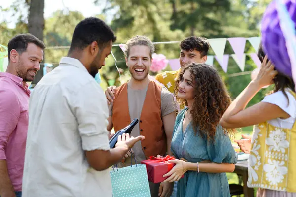 Garden Birthday Party Beautiful Birthday Girl Receiving Gifts Friends Family — Stock Photo, Image
