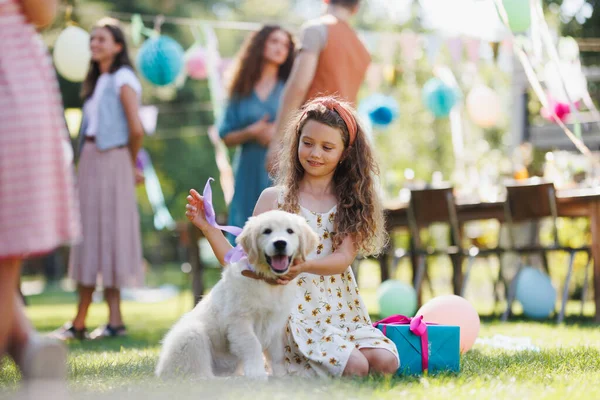 Jardim Festa Aniversário Para Menina Linda Aniversariante Recebeu Filhote Cachorro — Fotografia de Stock