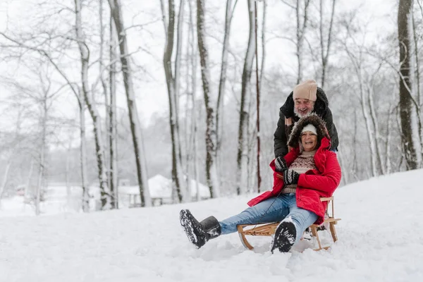 Senior couple having fun during cold winter day, sledding down the hill. Senior woman in red coat on sled. Elderly couple spending winter vacation in the mountains. Wintry landscape.