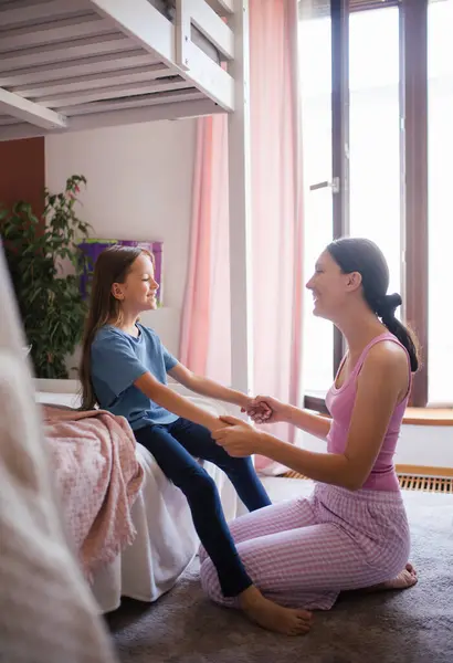 Mother Waking Her Daughter School Morning She Kneeling Childs Bed — Stock Photo, Image