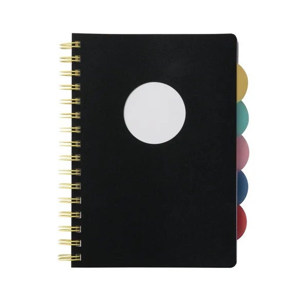 Zamknięty Papierowy Notatnik Czarną Okładką Spiralnym Wiązaniem Kolorowymi Zakładkami Realistyczne — Zdjęcie stockowe