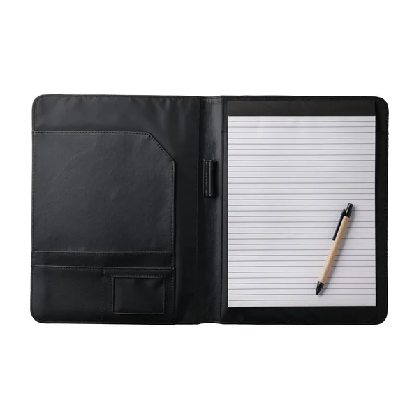 Open Planner Business Organizer Leather Cover Brown Pen Black Lleather — Stock Photo, Image