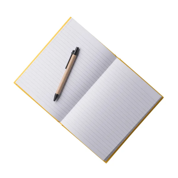 Closed Paper Notebook Yellow Cover Pen Realistic Photography Isolated White — Stock Photo, Image