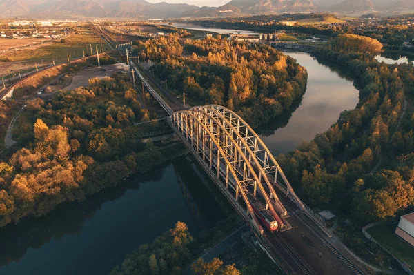 Aerial View Long Train Crossing Railway Bridge River Autumn Nature — Stock Photo, Image