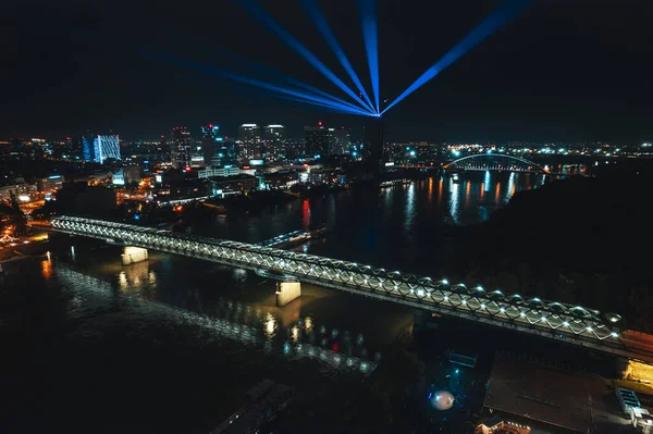 Aerial Night Shot Bratislava City Bridges Danube River Vibrant Nightlife — Stock Photo, Image