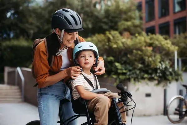 Mother Fastening Sons Bike Helmet Head Carring Him Child Bike — Stock Photo, Image