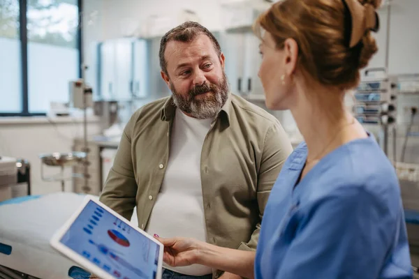 Female Doctor Consulting Overweight Patient Discussing Test Result Doctor Office — Stock Photo, Image