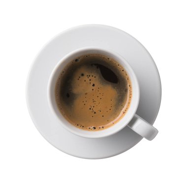 Beyaz arka planda izole edilmiş kahve fincanının üst görüntüsü. Beyaz fincanın, fincanın ve fincanın gerçek fotoğrafı. Kahve ve espresso ile birlikte..
