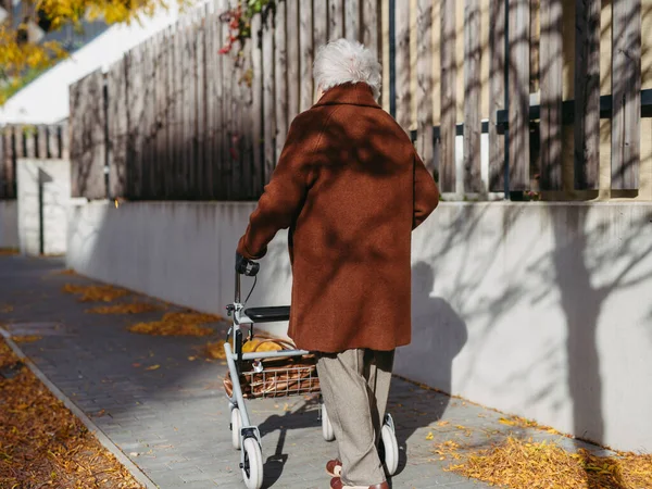 Senior woman with a mobility walker walking alone on the city streets during autumn day, feeling lonely.