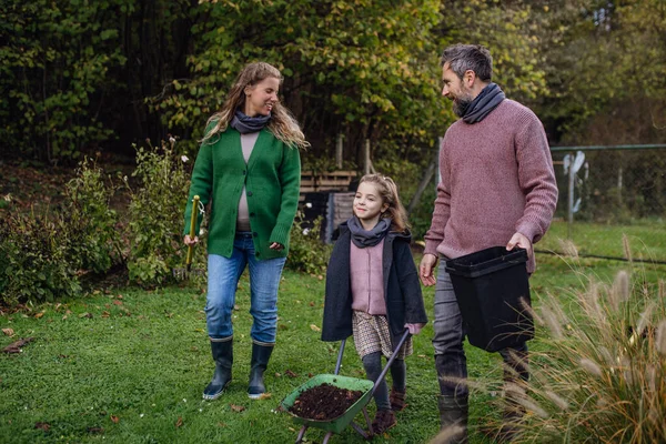 Front View Family Taking Care Home Garden Planting Tree Mother — Stock Photo, Image