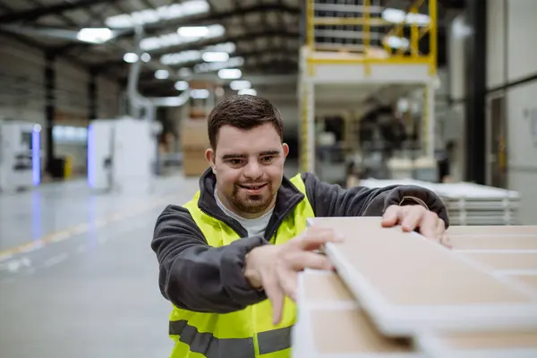 Young Man Syndrome Working Warehouse Concept Workers Disabilities Support Workplace — Stock Photo, Image