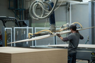 Modern endüstriyel fabrikada endüstriyel otomasyon ve robotik. Testere operatörü, yarı otomatik testere kullanan işçi, büyük mobilya üretim tesisinde ahşap mobilya montajı yapan endüstriyel testereli