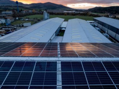 Fabrikanın çatısındaki güneş panellerinin havadan görüntüsü. İş hayatında yenilenebilir enerji kaynağı olarak güneş enerjisi.