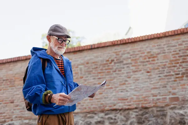 Senior Tourist Exploring New City Interesting Places Elderly Man Holding — Stock Photo, Image