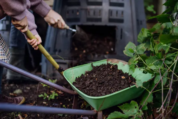 Eliminación Compost Del Compostador Jardín Concepto Compostaje Jardinería Orgánica Sostenible — Foto de Stock