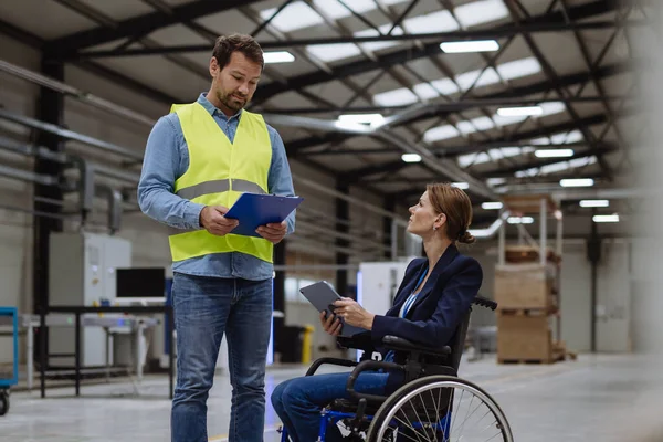 Portrait of female manager, director in wheelchair working in warehouse, talking with logistics employee. Concept of workers with disabilities, accessible workplace for employees with mobility
