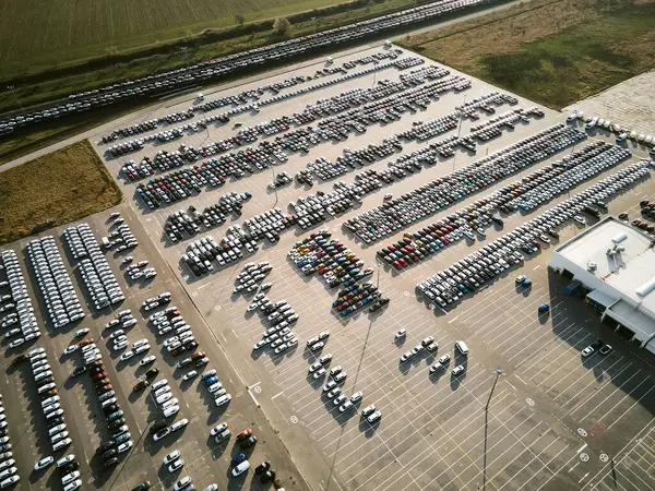 Вид Воздуха Массивную Парковку Заводе Производству Автомобилей Припаркованными Рядами Автомобилей — стоковое фото