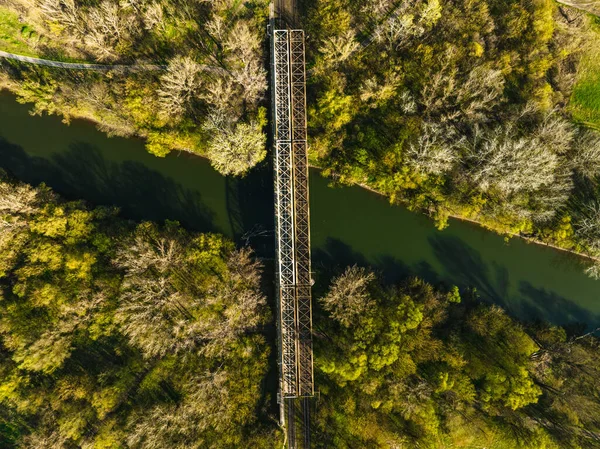 スロバキアの大きな金属鉄道橋の空中ビュー 夏の森の真ん中に 列車はありません — ストック写真